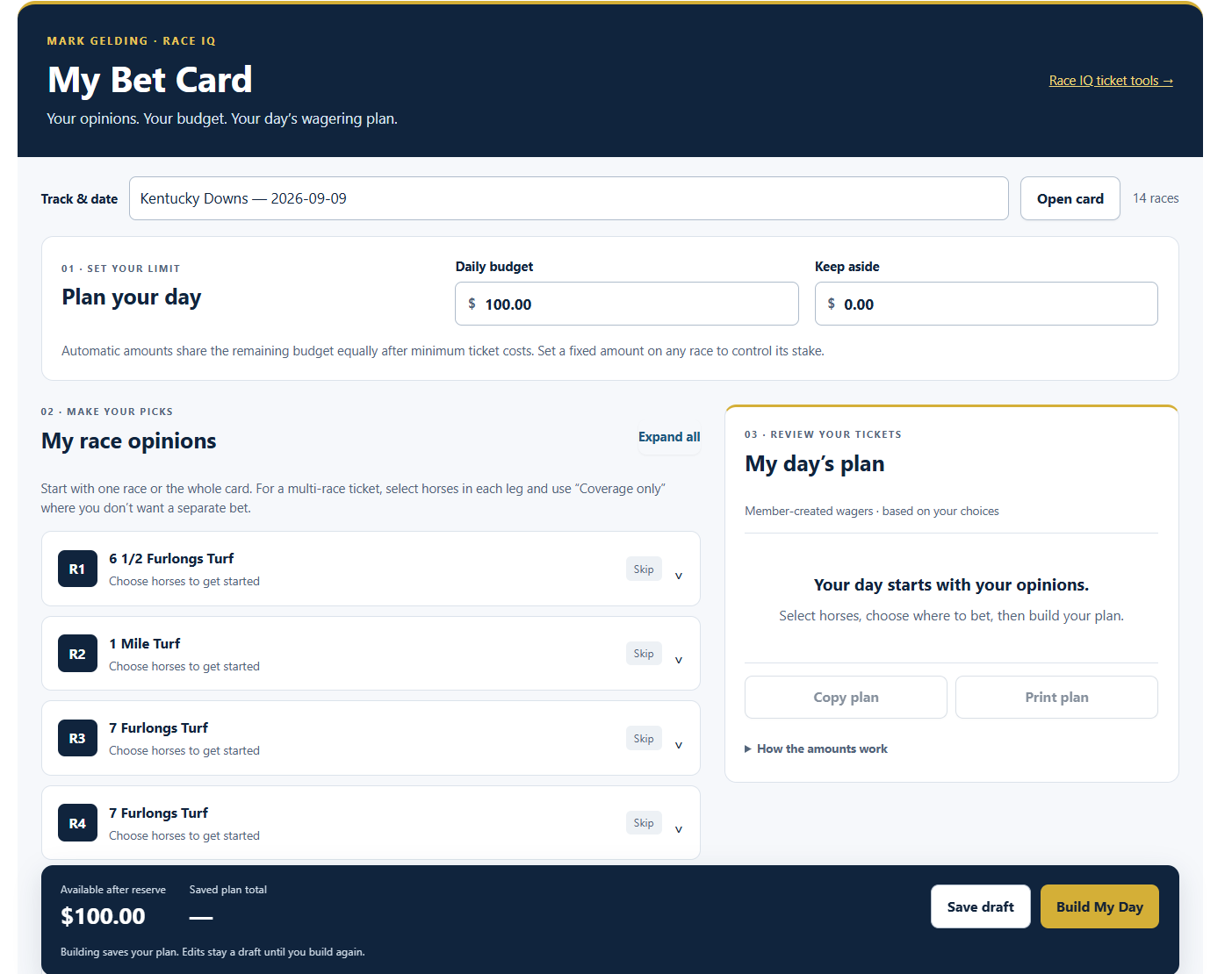 Updated My Bet Card for Kentucky Downs: set your daily budget, choose your horses and build your day’s wagering plan.