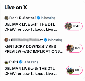 X viewer counts showing Frank at 345 and CaliPick4 at 30